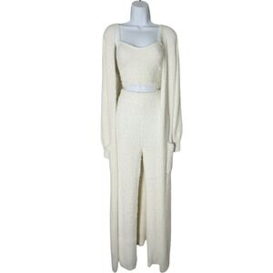 L’atiste Fuzzy 3pc Lounge Set Cardigan Cami Pants Cream Cozy Women’s Large